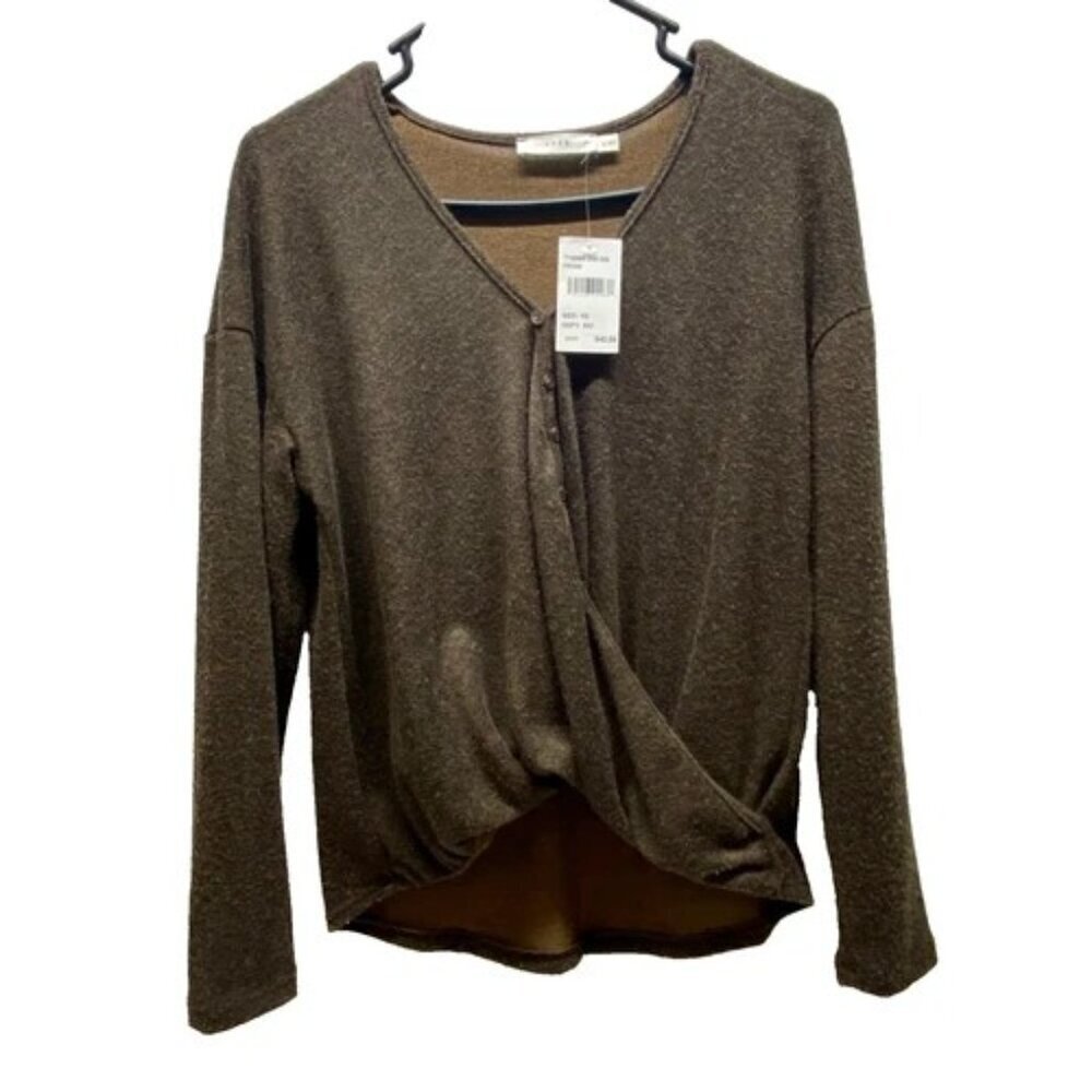 LUSH Twist Button Front V-Neck Women's XS Pecan Brown Longsleeve Sweater $42 NWT